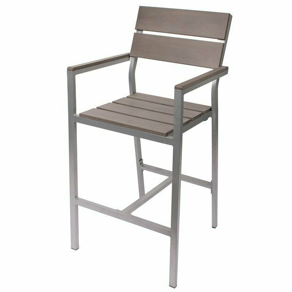 Bfm Seating BFM Seaside Soft Gray Aluminum Armed Bar Height Chair with Gray Synthetic Teak Back and Seat 163PH201BGRT